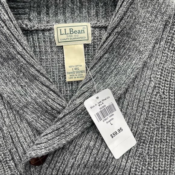 LL Bean Shawl Collar Cotton Sweater Size L Gray elbow patches - Picture 8 of 9